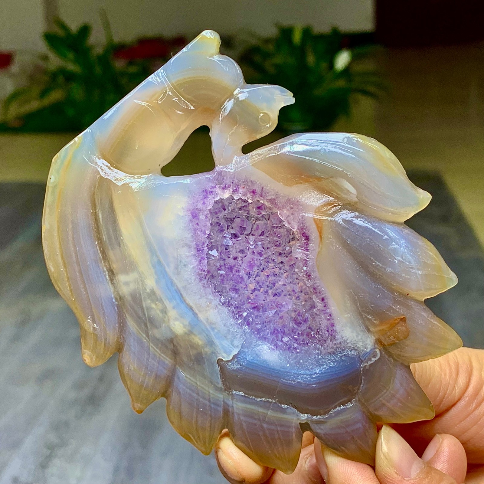 210G Natural amethyst agate crystal specimen Hand carved Nine Tailed Fox