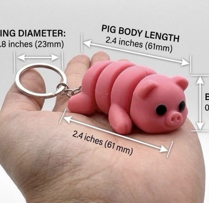 Pink Flexi Pig Plastic Animal Figure Keychain w/ Detachable Keyring