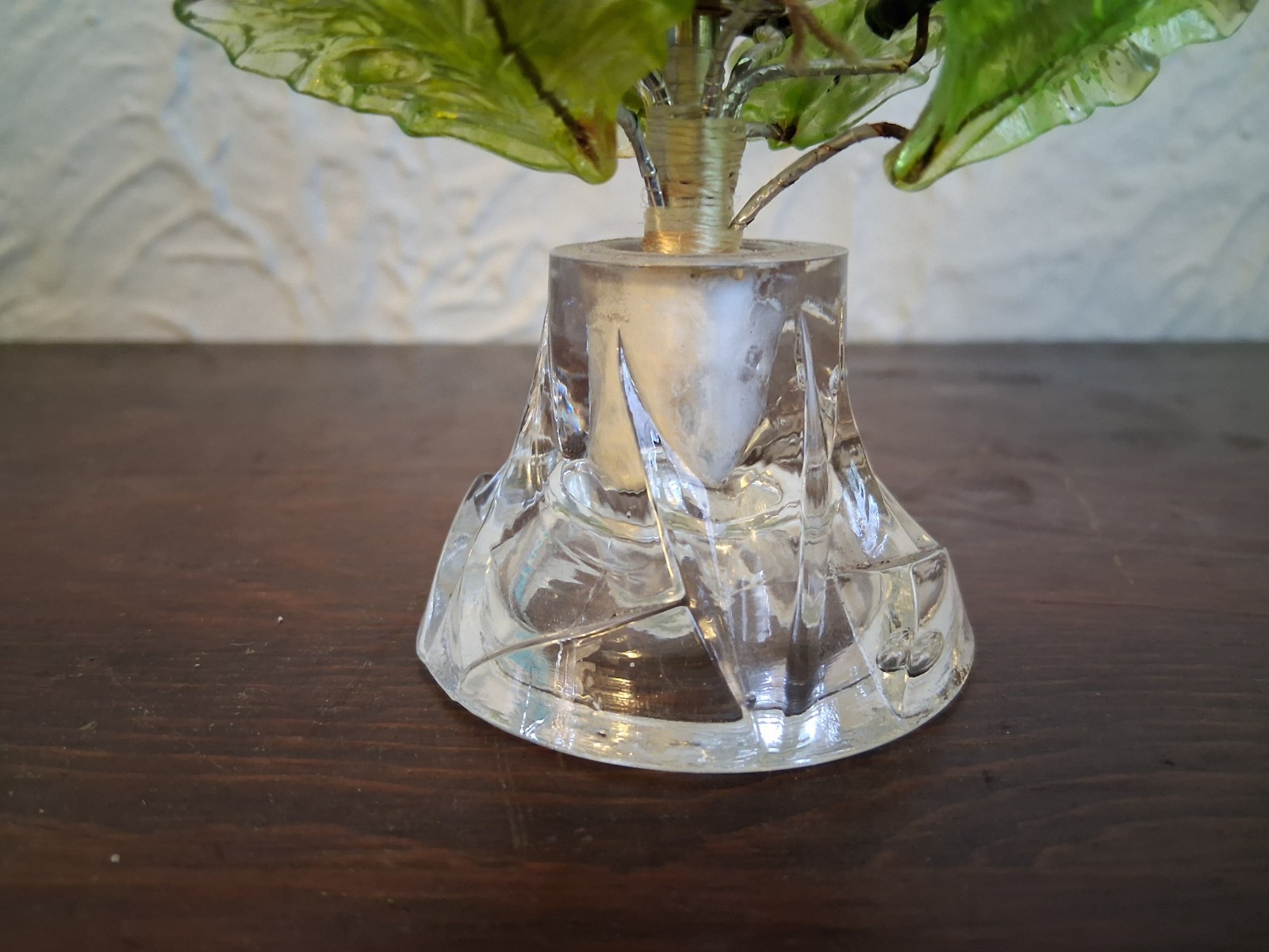 MCM Venetian Murano Glass Wired Green Leaves and Flower Petals Candlestick 4.5″