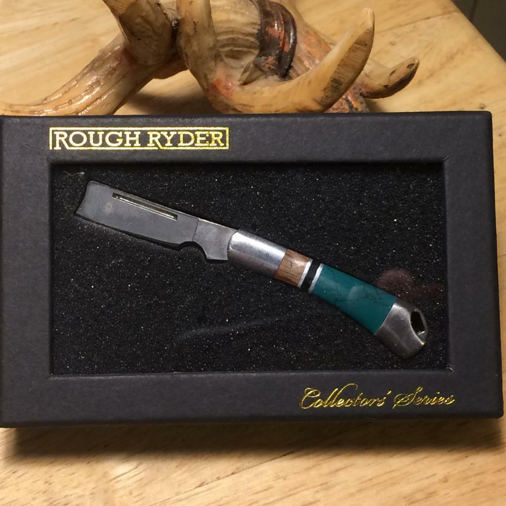 Rough Ryder 2″ Tiny Razor Turquoise/Brown Wood Pocketknife w/Lanyard Hole RR1474