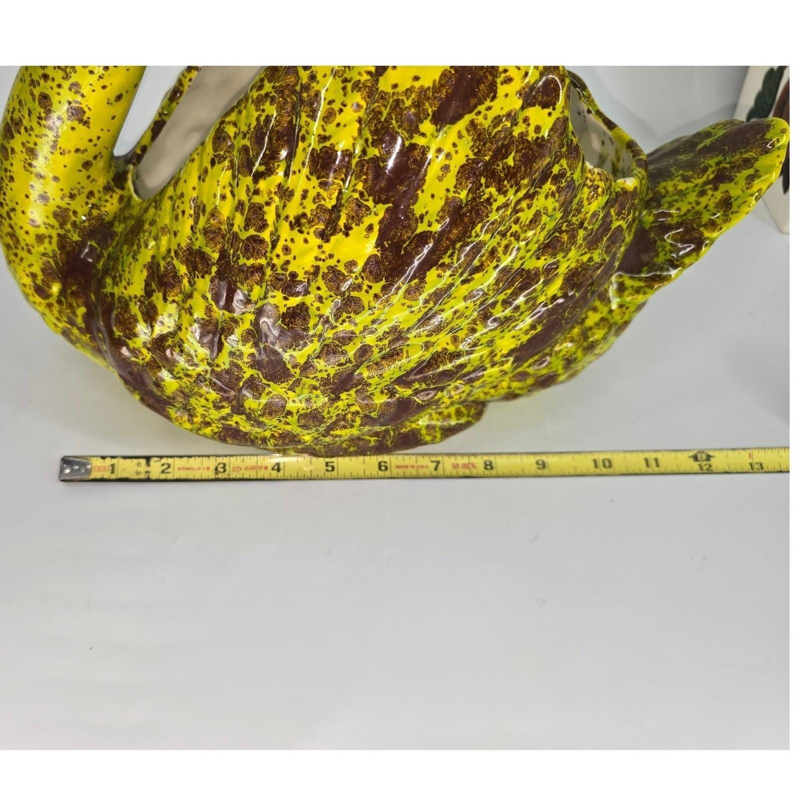 Vintage Mid Century Ceramic Swan Planter Chartreuse Yellow Tan Speckled Glaze