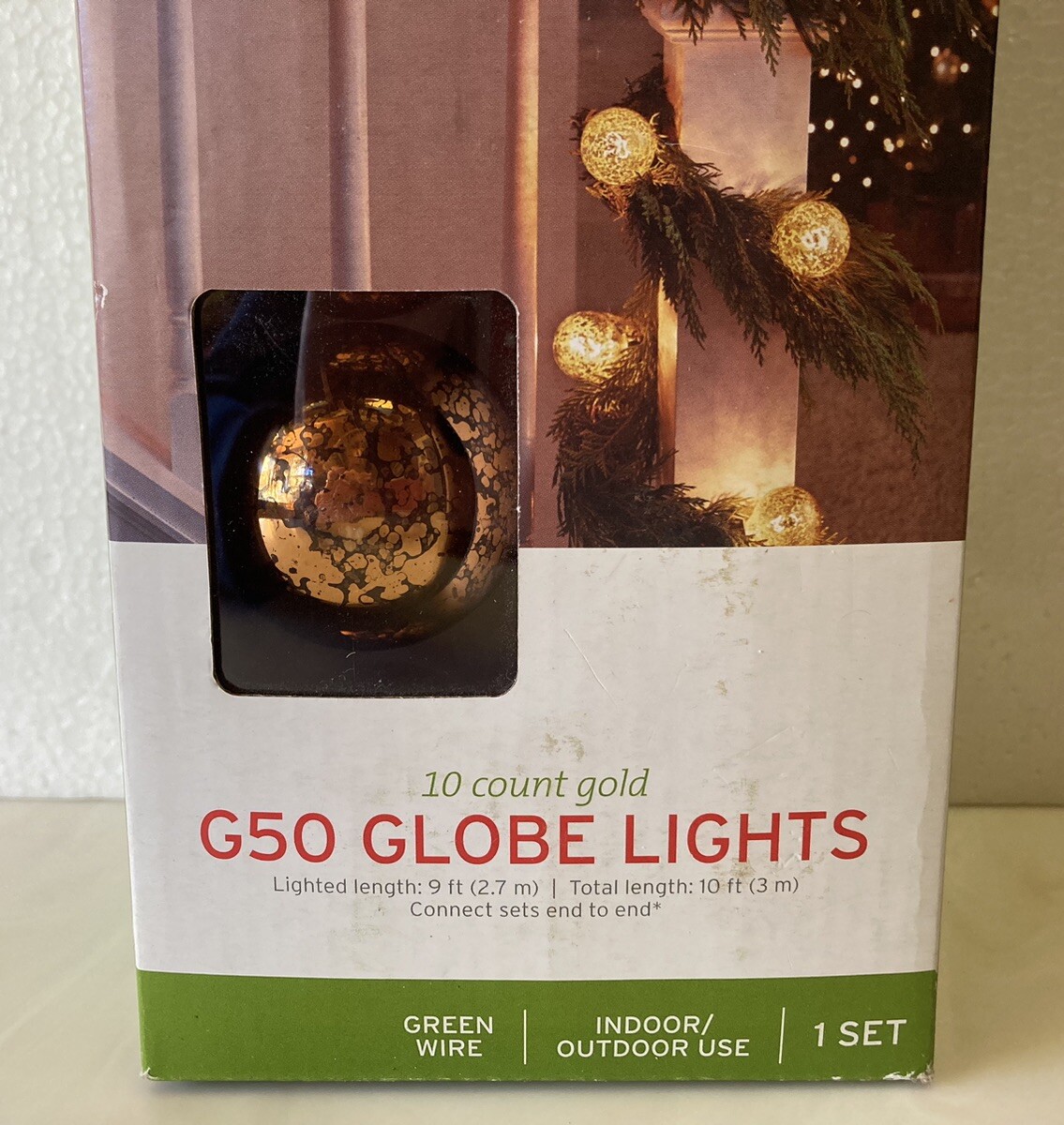 Vintage Style GLOBE Light String 10 “antique-gold” BULBS 10′ green wire NIB 2013