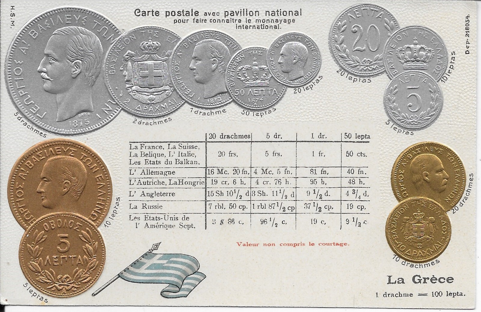 LA GRÈCE [Greece] Embossed Vintage Coin and Flag Postcard not postally used