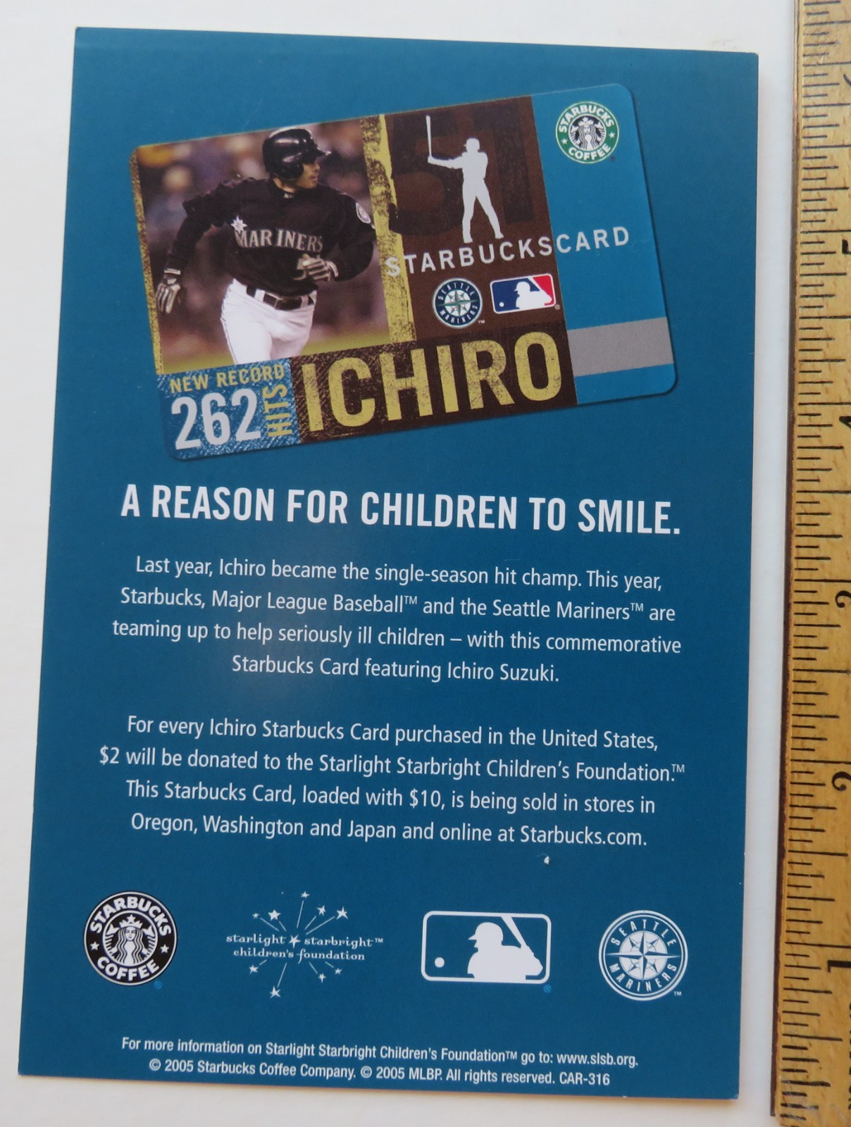 STARBUCKS ADVERTISMENT FOR ICHIRO #51 262 HITS CARD 4″ x 6 ” 2005 MARINERS