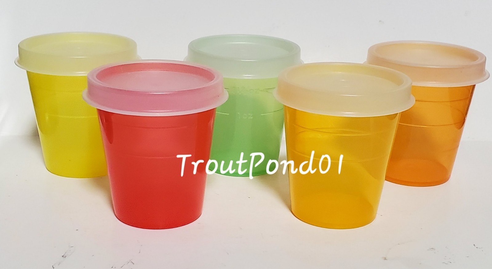 TUPPERWARE Midgets Mini Bowls 2oz Set 5 Cups Orange Yellow Green Tangerine Red