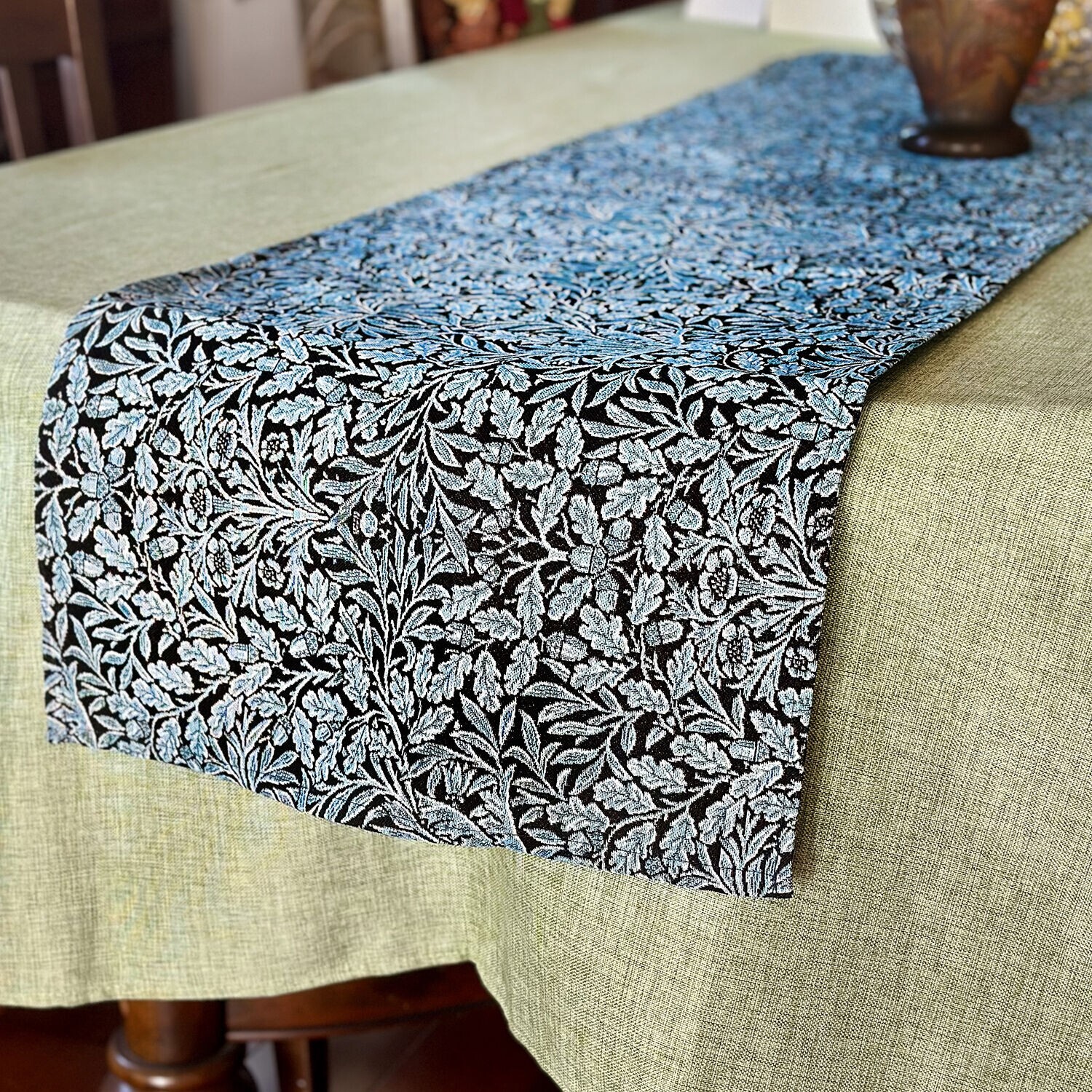 William Morris Blue Oak Leaves Tapestry Table Runner 59×18″ Embroidered Runner