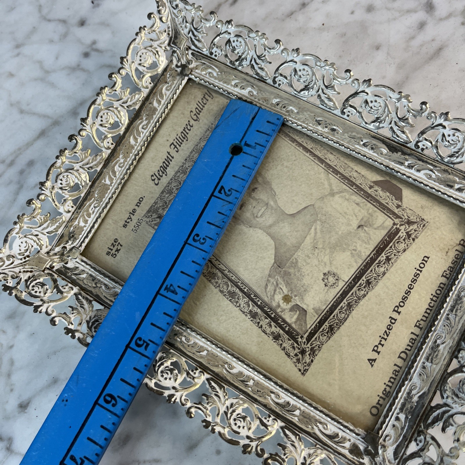 Decorel Picture Frame Ornate Silver Filigree White Wash Metal 5 x7in Vintage