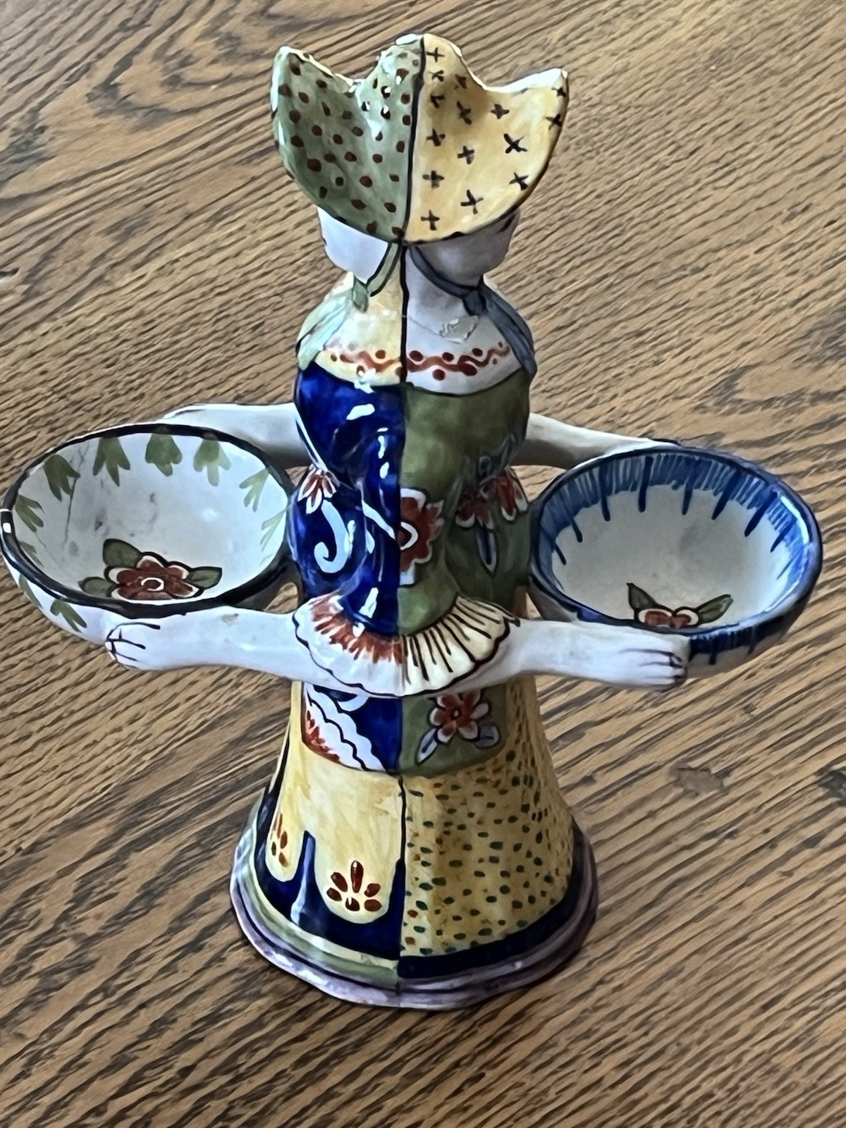 French Rouen Faience Figural Double Salt Cellar Lady Figure 1185 Chip Tin Glaze