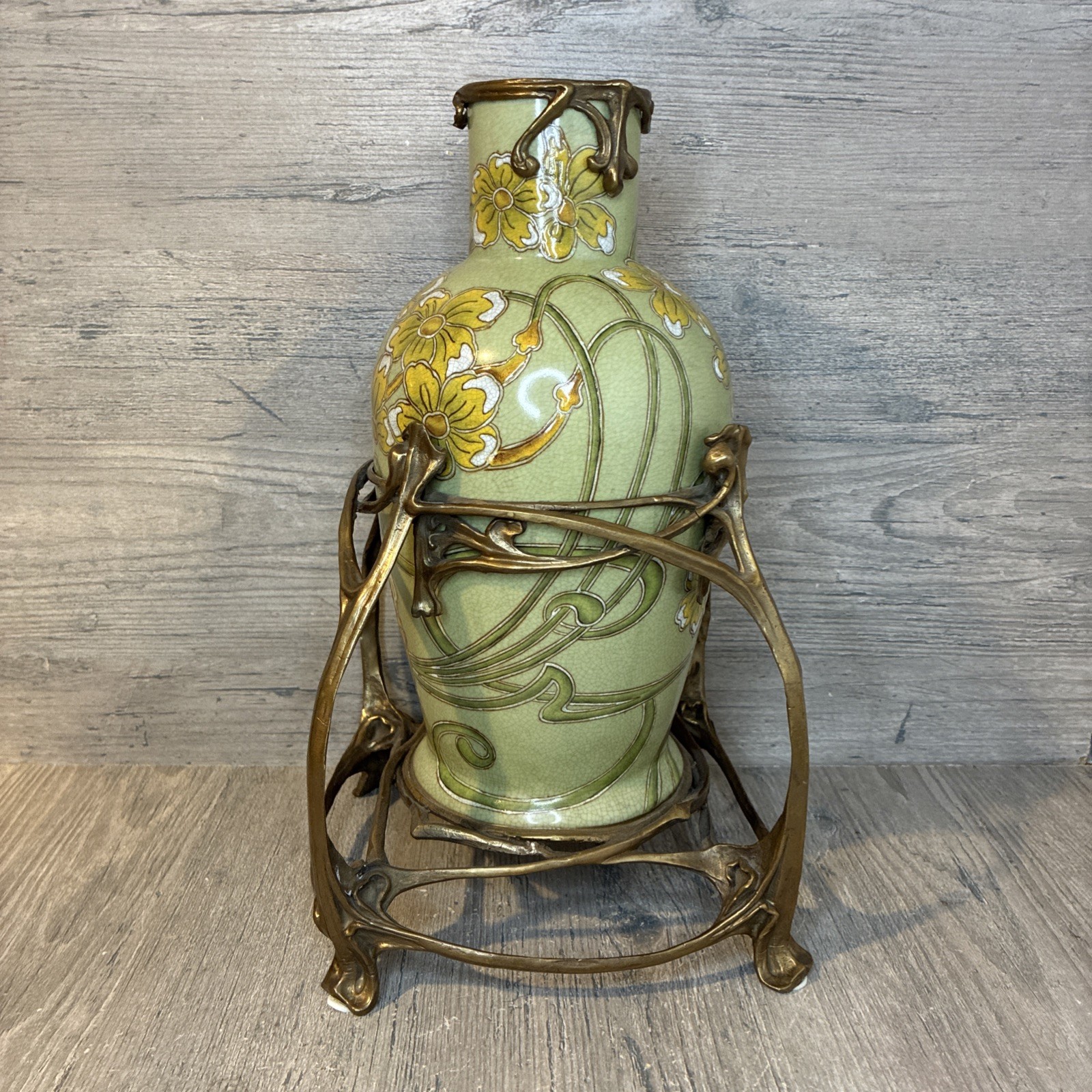 VTG. CASTILIAN VASE FLORAL MULTICOLOR PORCELAIN/BRONZE ART NOUVEAU 1990s 12″×7″