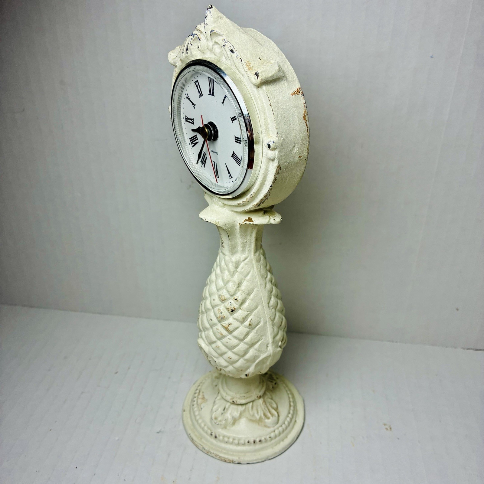 Vintage Distressed White Cast Iron Mantle Clock Pineapple Cottage French Country