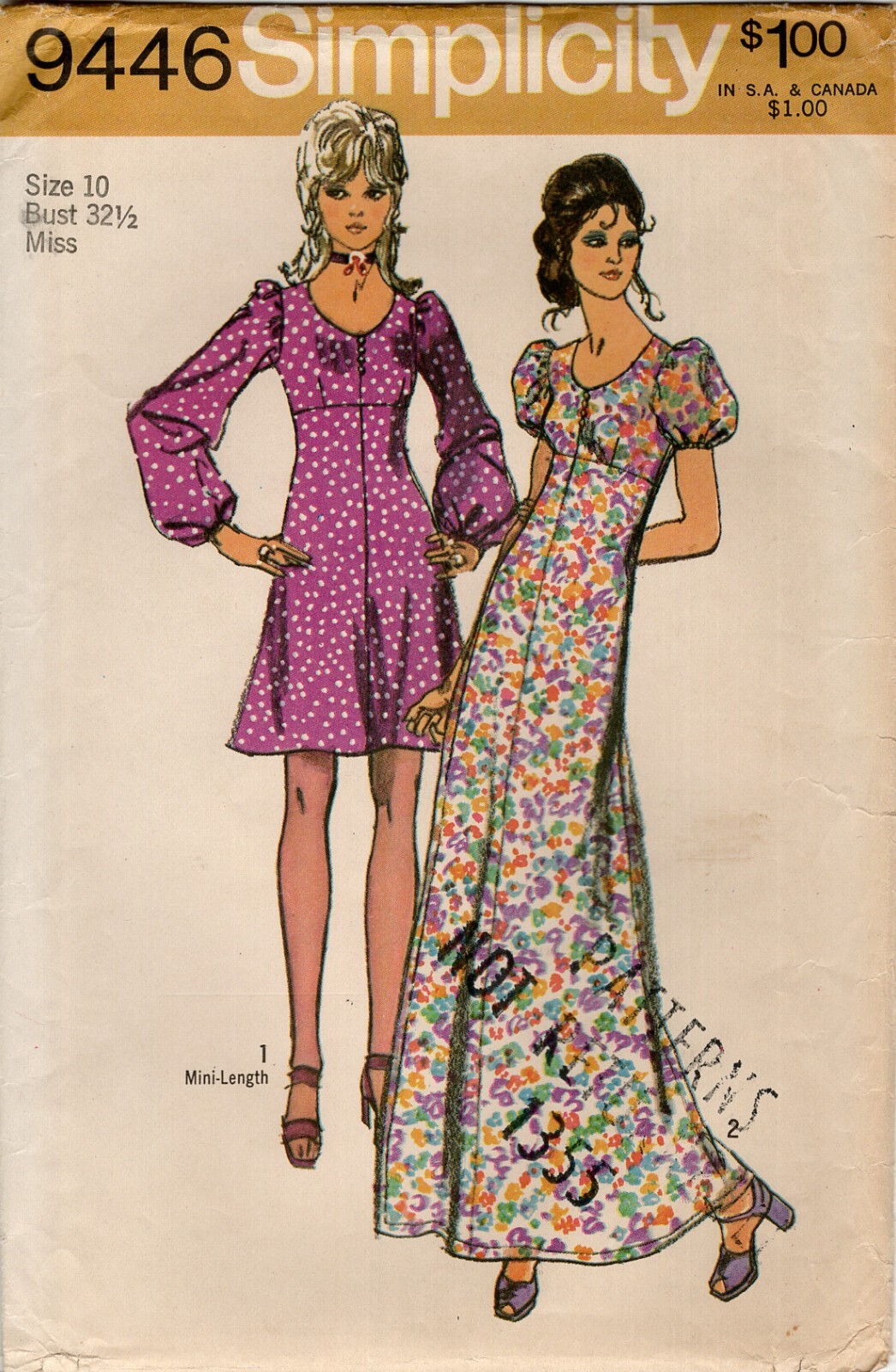 Simplicity 9446 Empire Waist Mini & Maxi Dress w Puff Sleeves Sz 10 UNCUT 70s