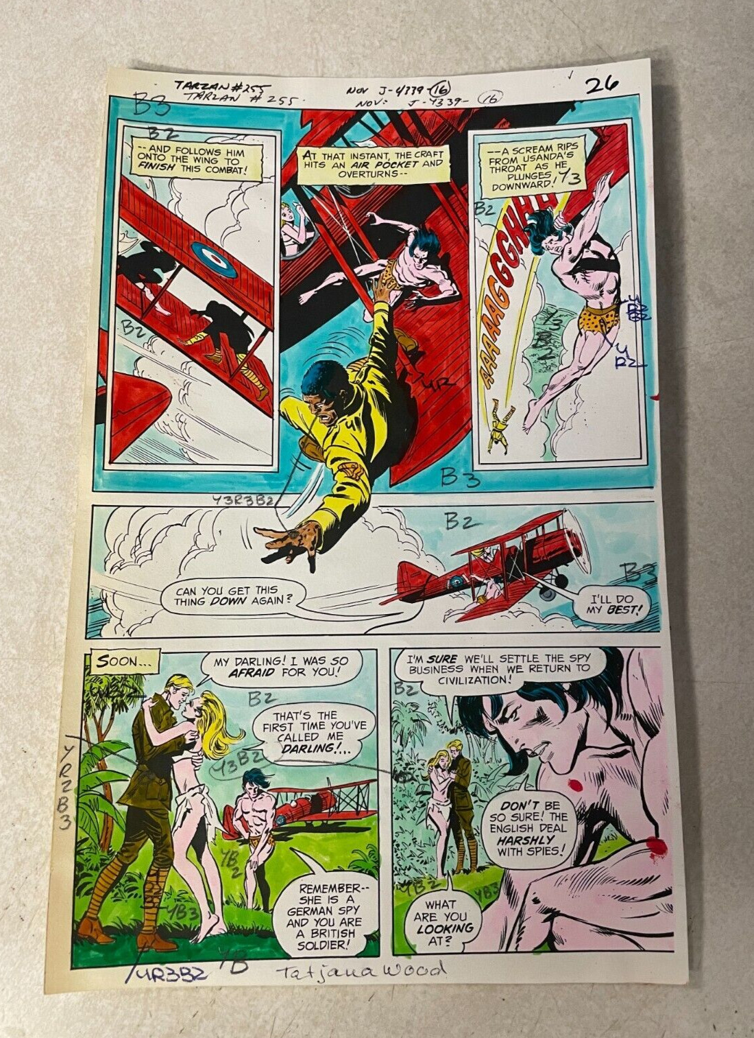 TARZAN #255 comic art color guide 1976 KNOCKS KIDNAPPER OUT OF PLANE DC