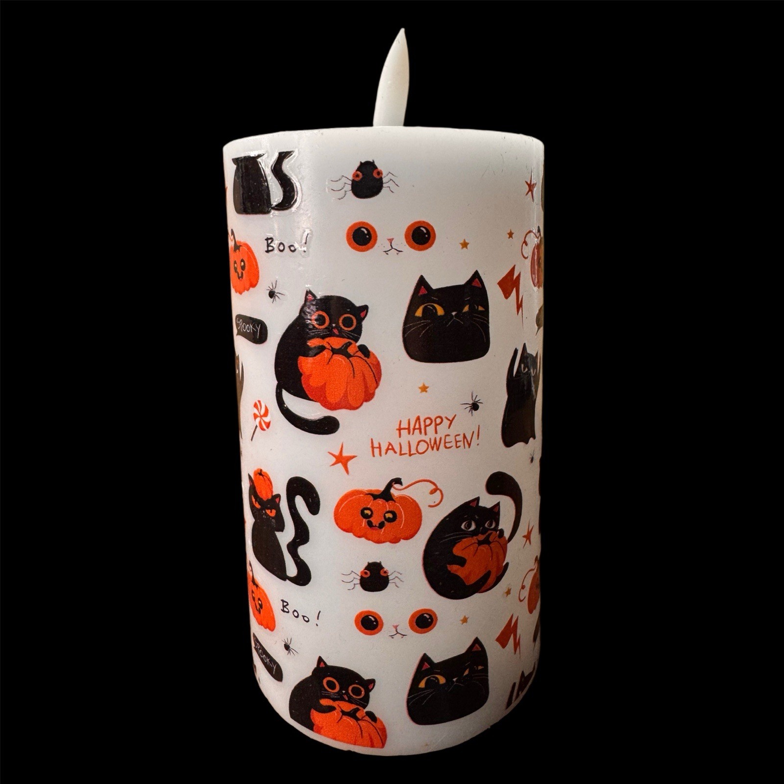 Black Cat Printed Halloween Pillar-shaped Flameless Candle – Battery-Powered