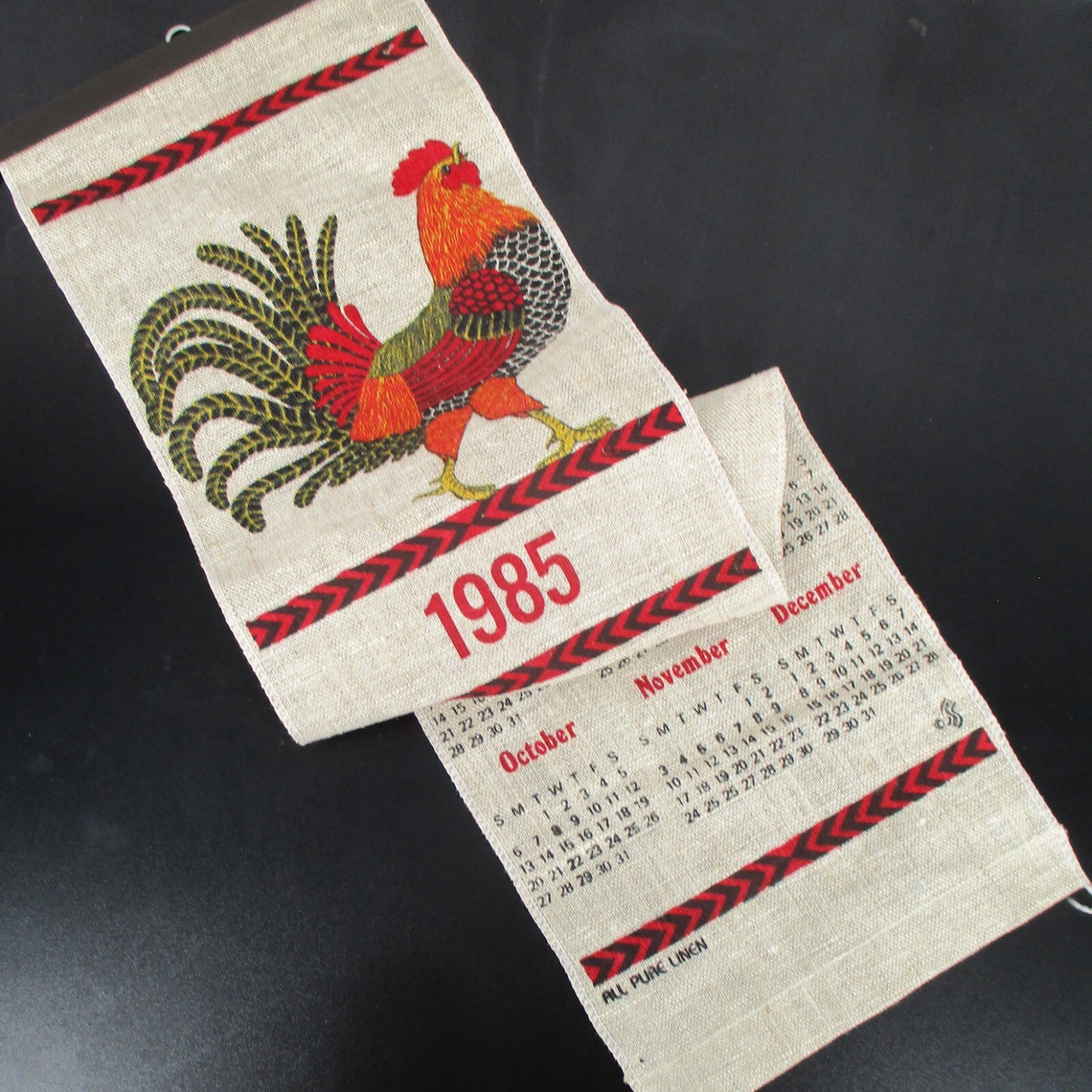 Vintage 1985 Rooster Retro Cloth Calendar Linen Wall Hanging Kitschy Kitchen