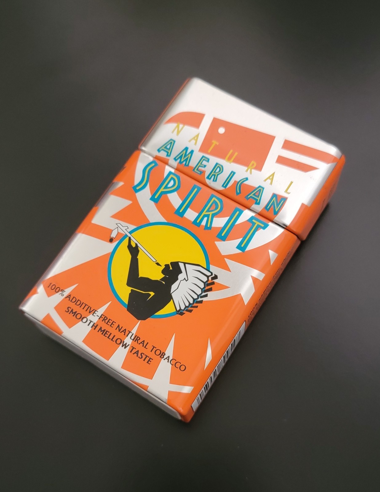 American Spirit Vintage Empty Cigarette Metal Tin Orange Hinged Flip Top