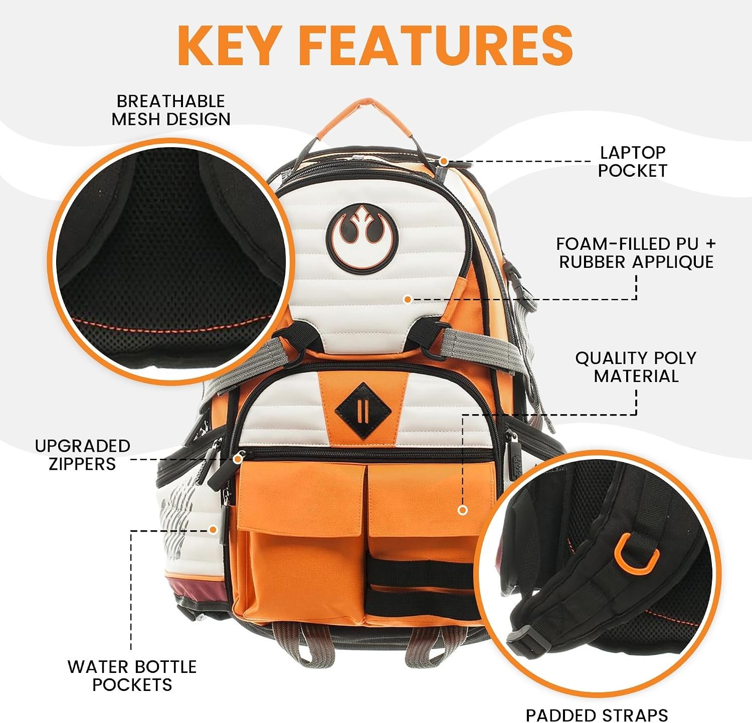 Star Wars Poe Dameron X-Wing Pilot Backpack Orange White Rebel Alliance 15″