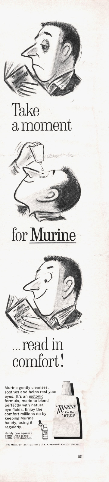 Murine Eye Drops Soothe & Clean Eyes Reading Comfort Cartoon Vtg Mag Print Ad