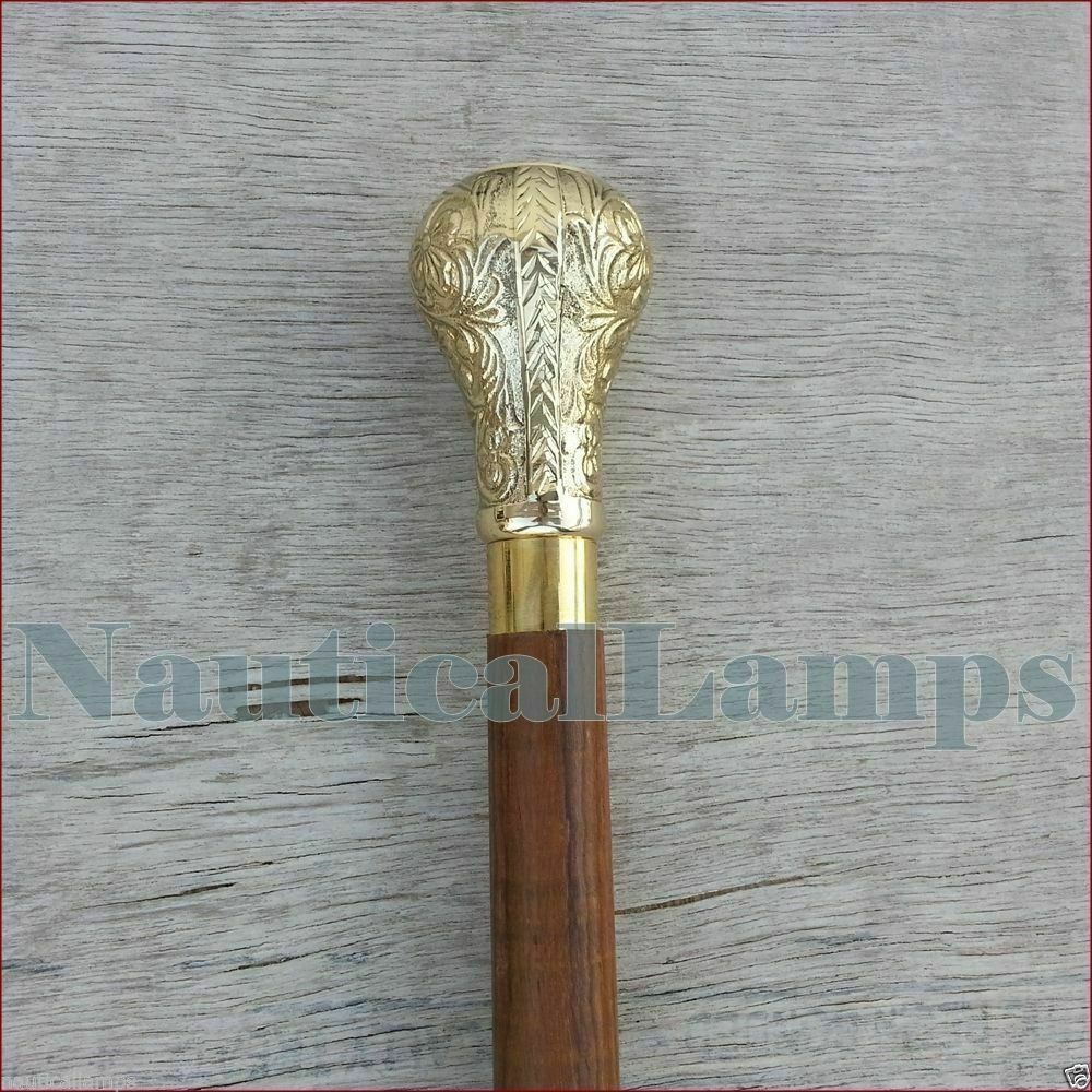 SOLID ANTIQUE SOLID BRASS HANDLE WOODEN WALKING STICK Personal Gift- Steampunk