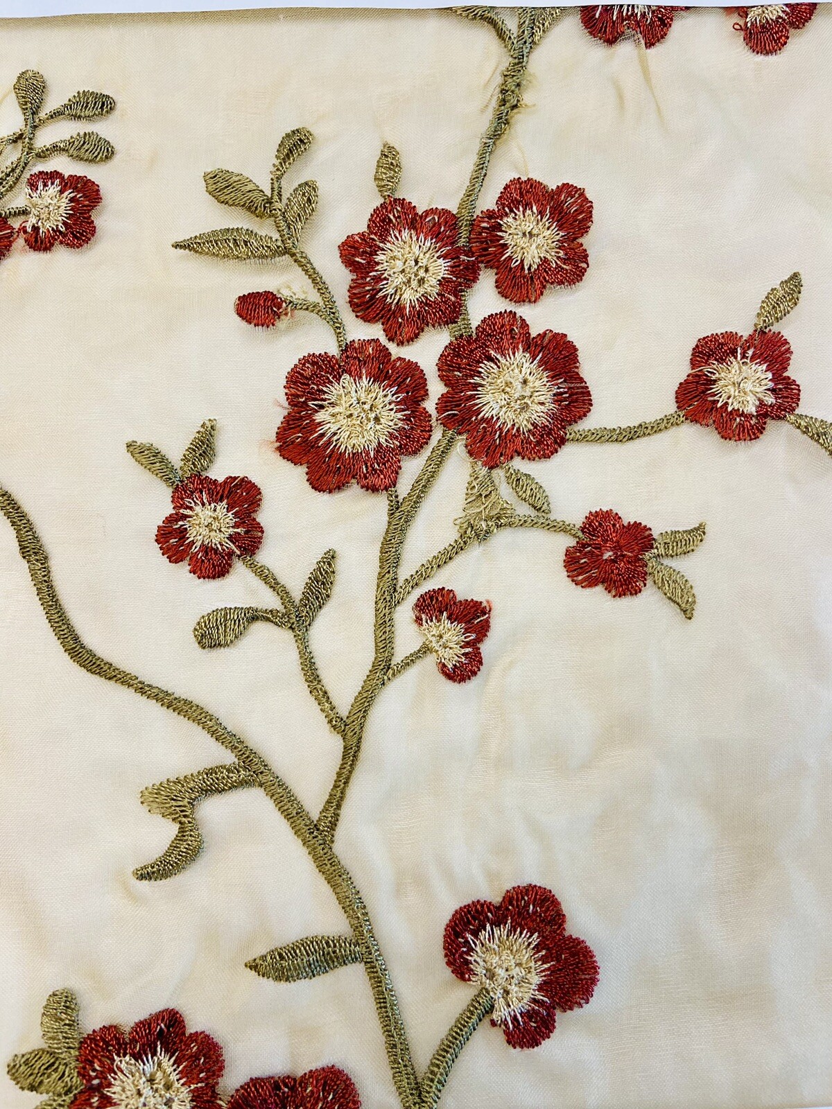 Vintage Henna Red Cherry Blossom Silk Organza Fabric – Embroidered – 55″ Wide
