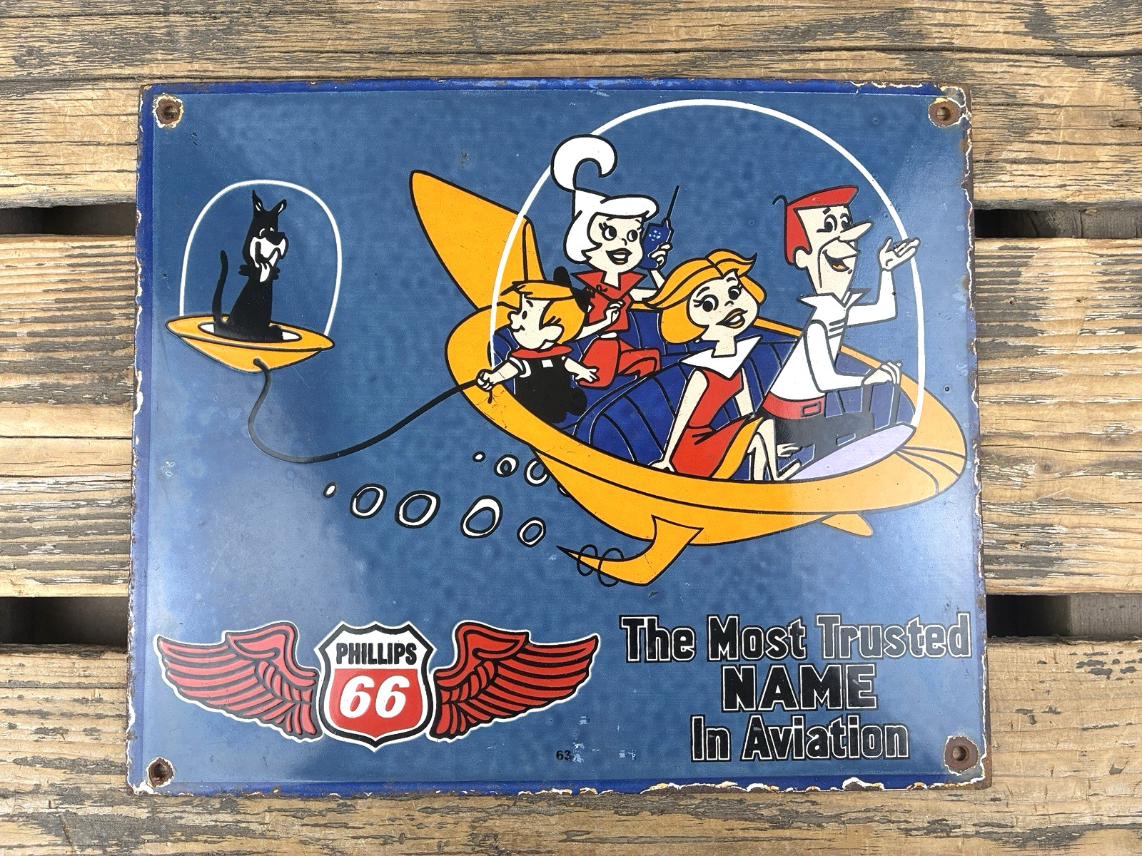VINTAGE 12×10″ PHILLIPS 66 GASOLINE THE JETSONS GAS MOTOR OIL PORCELAIN AD SIGN