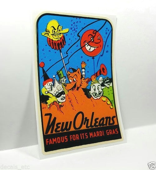 NEW ORLEANS MARDI GRAS Vintage Style Travel Decal, Vinyl STICKER, Luggage Label