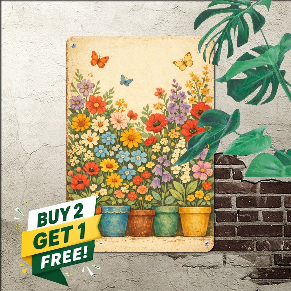Floral Butterfly Vintage Tin Metal Sign Retro Flowers Nature Wall Decor 8×12