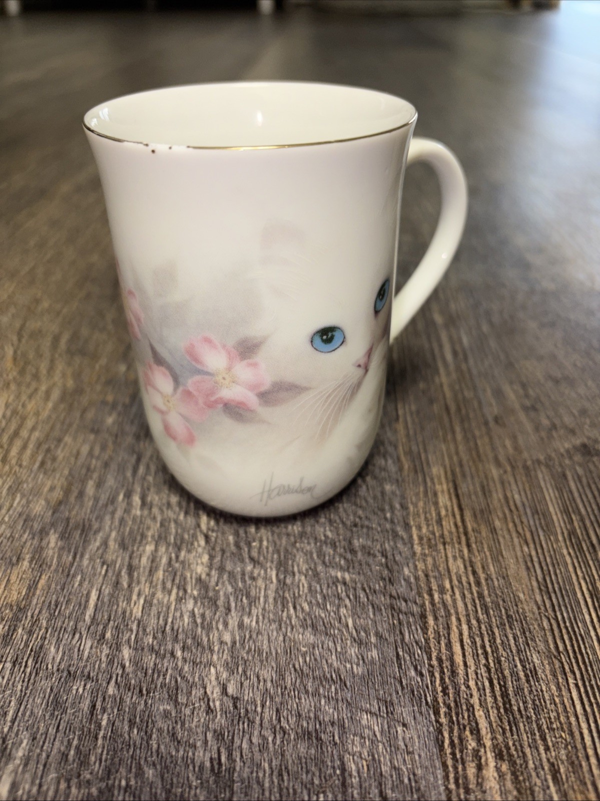 Otagiri Bob Harrison White Kitten Cat Coffee Cup Mug Blue Eyes Pink Flower Japan