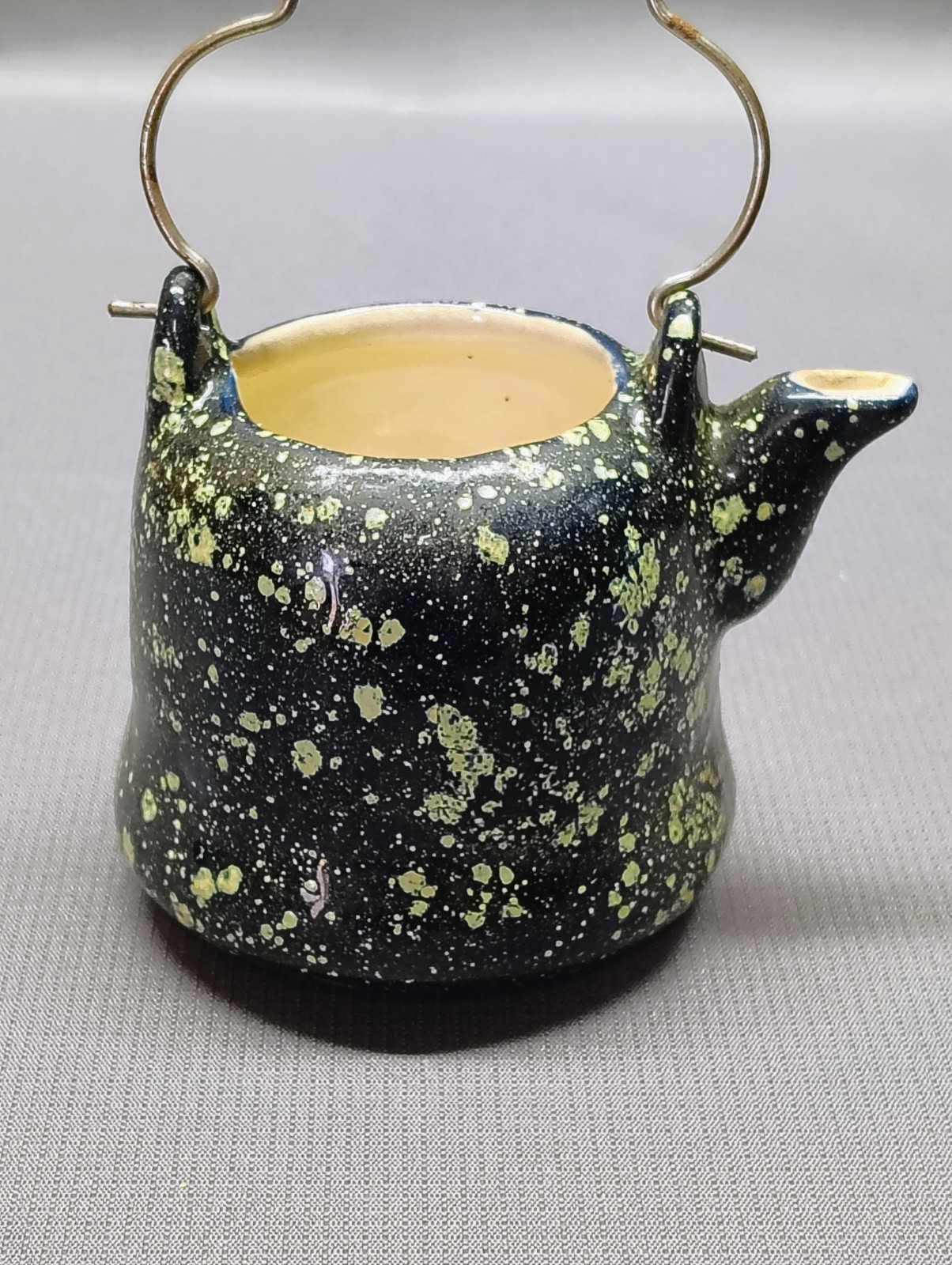 Vintage Small Black Speckled Enamel Tea Pot Kettle – Missing Lid 5.5″