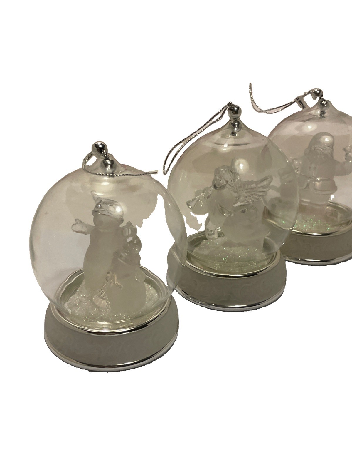 3 Vintage Frosted Glass Snow Globe Christmas Ornaments Angel Santa Claus. 4×3”