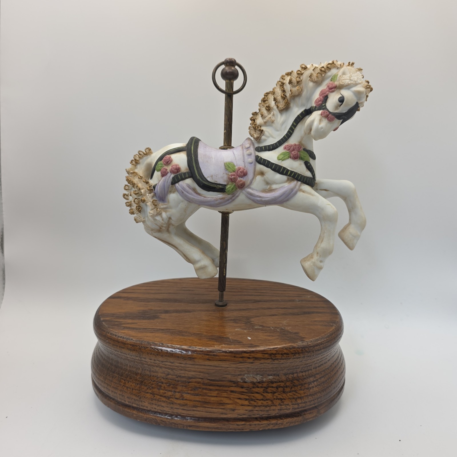 Bradley Carousels Porcelain Carousel Horse Music Box Wood Base Vintage 1988
