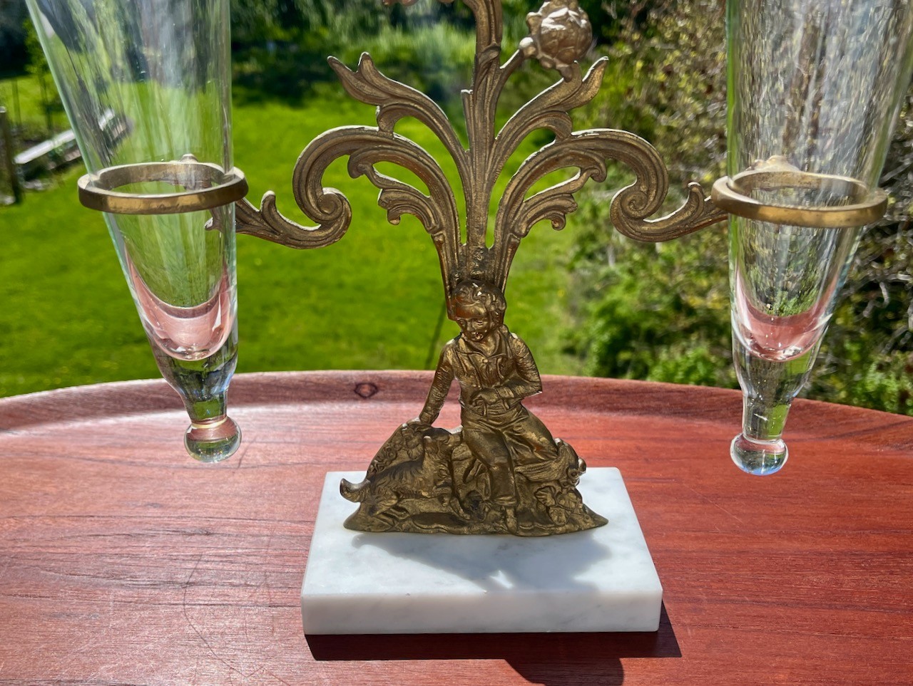 Antique Garniture Girandole Double Vase Bronze Crystal Marble Base 1890 1900