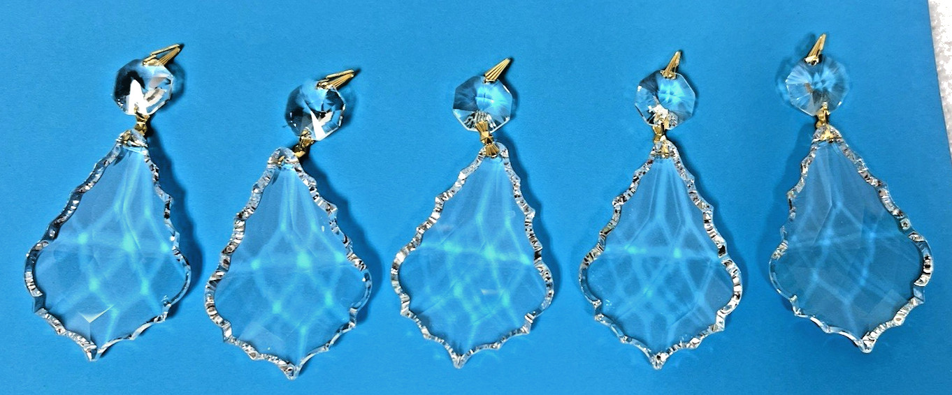 Lot of 5 Very Fancy Cut Prisms Chandelier Cut Crystal w Gold 3 5/8 L x 1 3/4 W