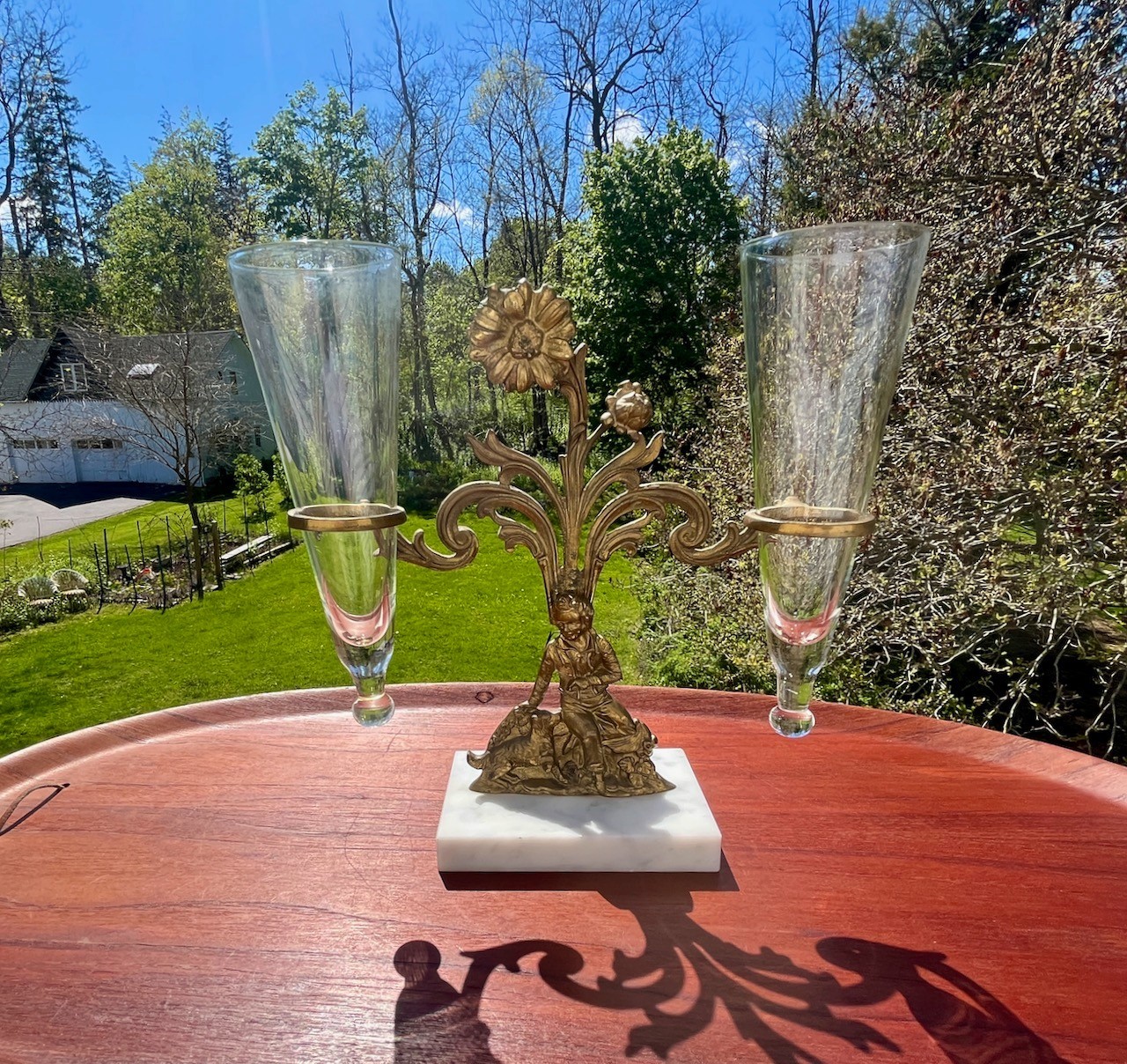 Antique Garniture Girandole Double Vase Bronze Crystal Marble Base 1890 1900