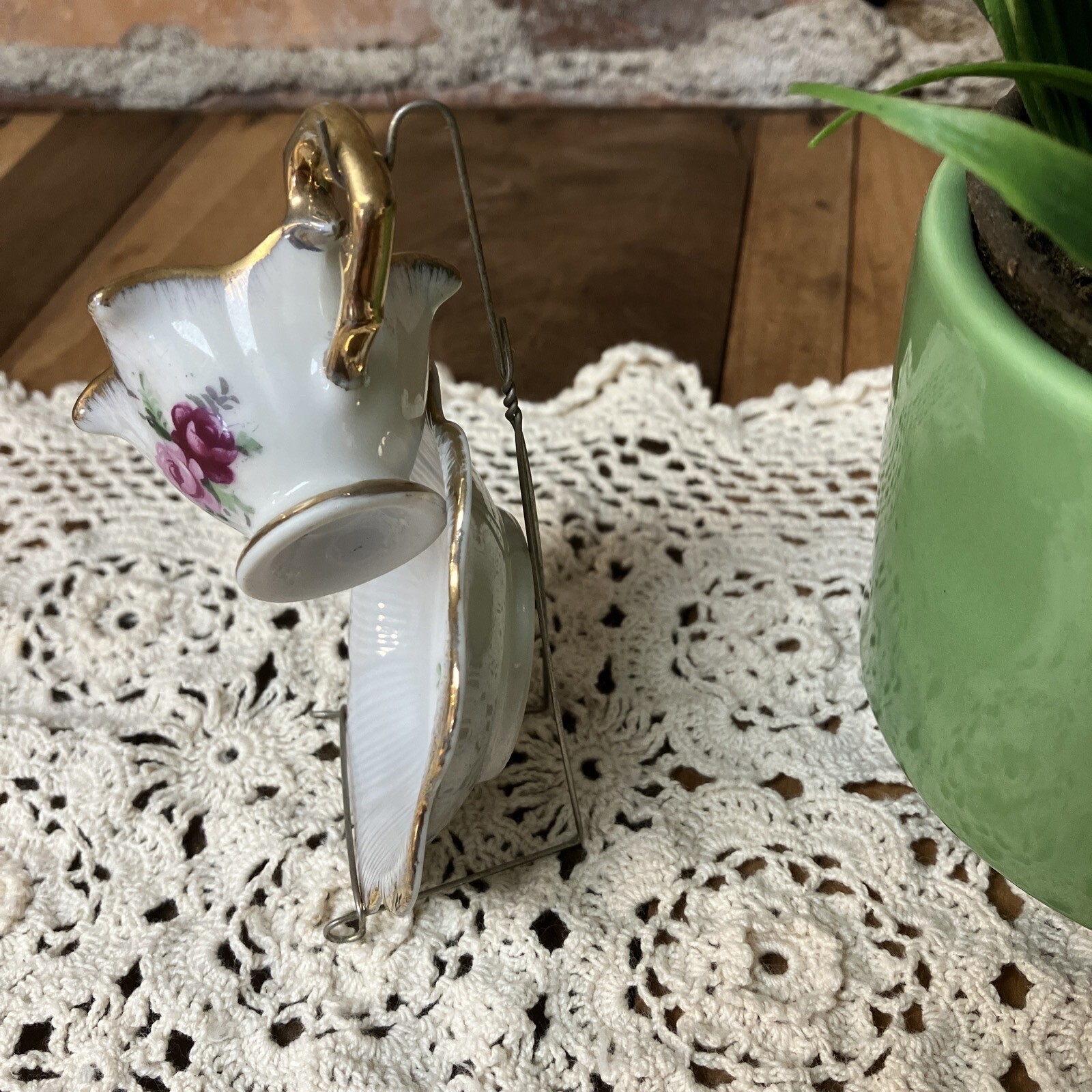 Tea Cup & Saucer Miniature Teacup with Wire Stand Vintage Small Set Japan