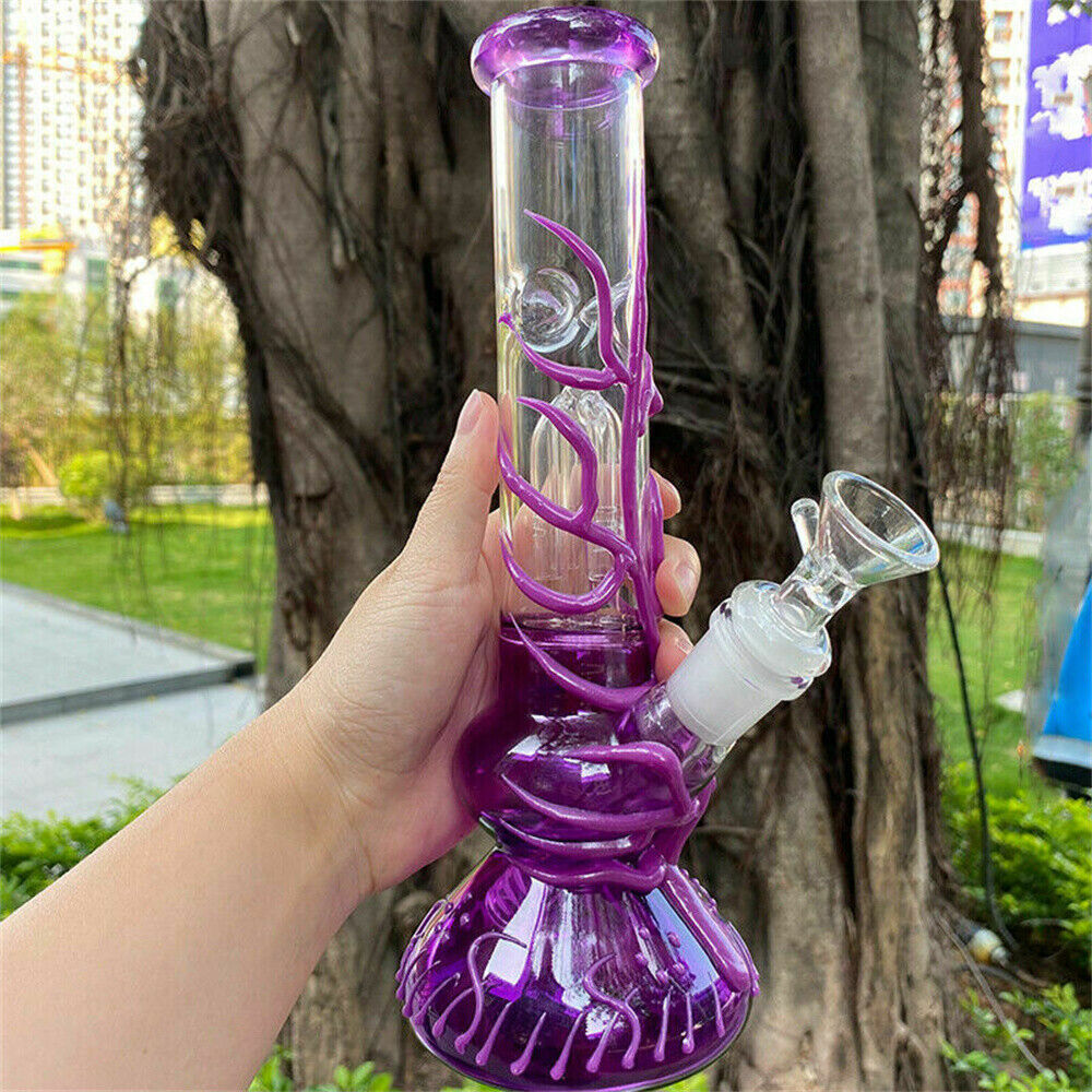 10″ Purple Glass Water Pipe Glow In The Dark Heavy Glass Bong Hookah W/BOWL