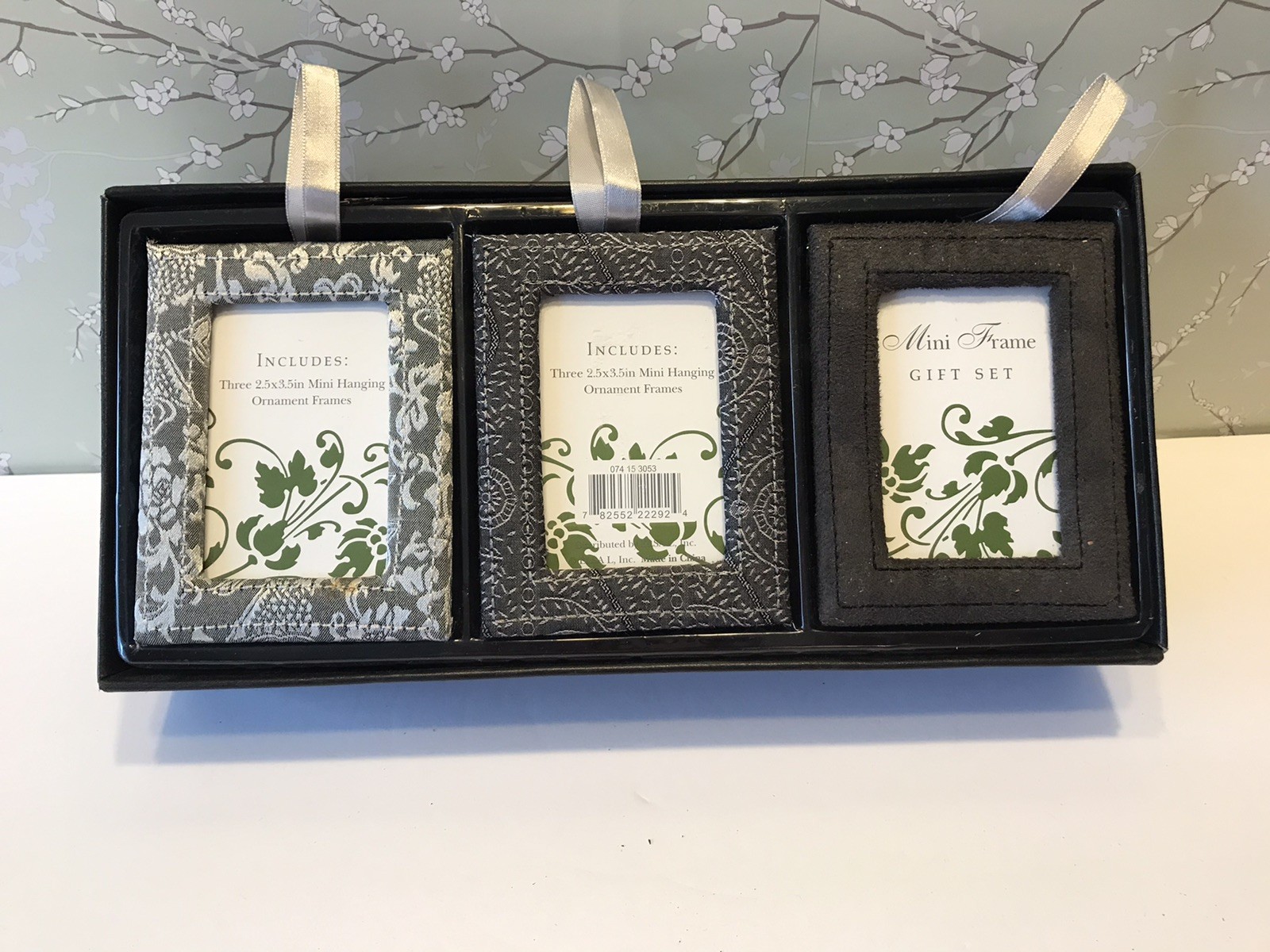 Set Of 3 Mini Print Photo Frames-Fabric w/Hangers & Stands in Box
