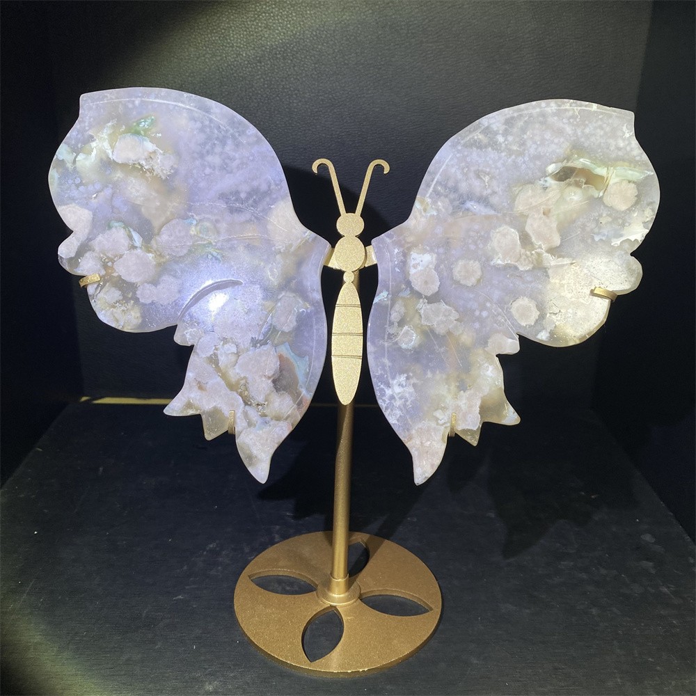 1.4LB 9.4″ Natural Green Flower Agate Butterfly Crystal Reiki Carving Decor
