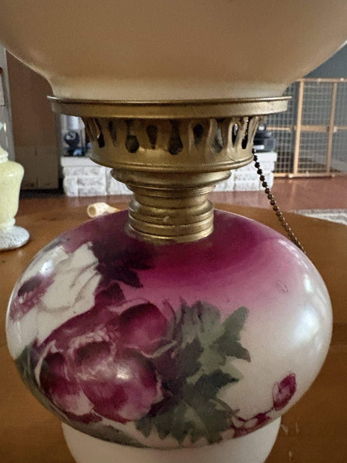 Antique Parlor Lamp Hand Painted Pale Pink Yellow & Burgundy-Oil To Electric!