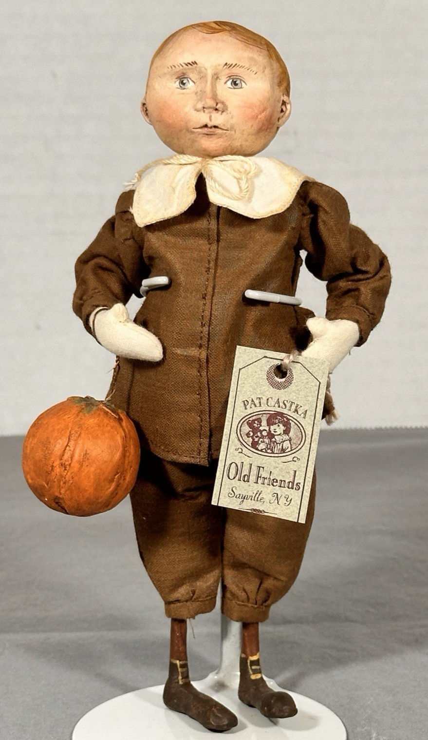 Pat Castka Little Pilgrim Doll 2003 Signed Tagged Pumpkin Folk Art 7.5”