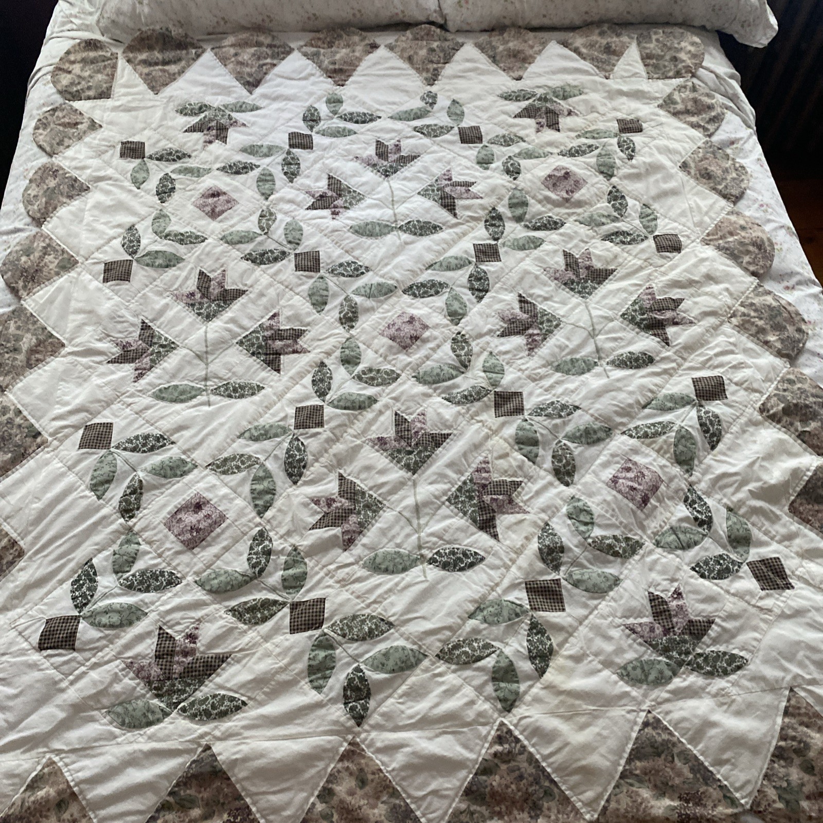 Vintage Lap Quilt Nursery Quilt Greens Neutrals Flowers Throw Handmade Hand Sewn