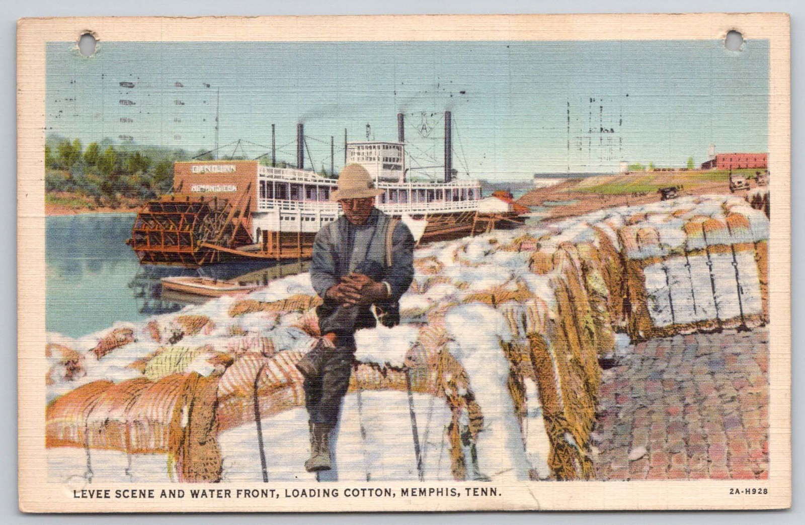 Memphis Tennessee TN Levee Scene Water Front Loading Cotton 1938 Postcard
