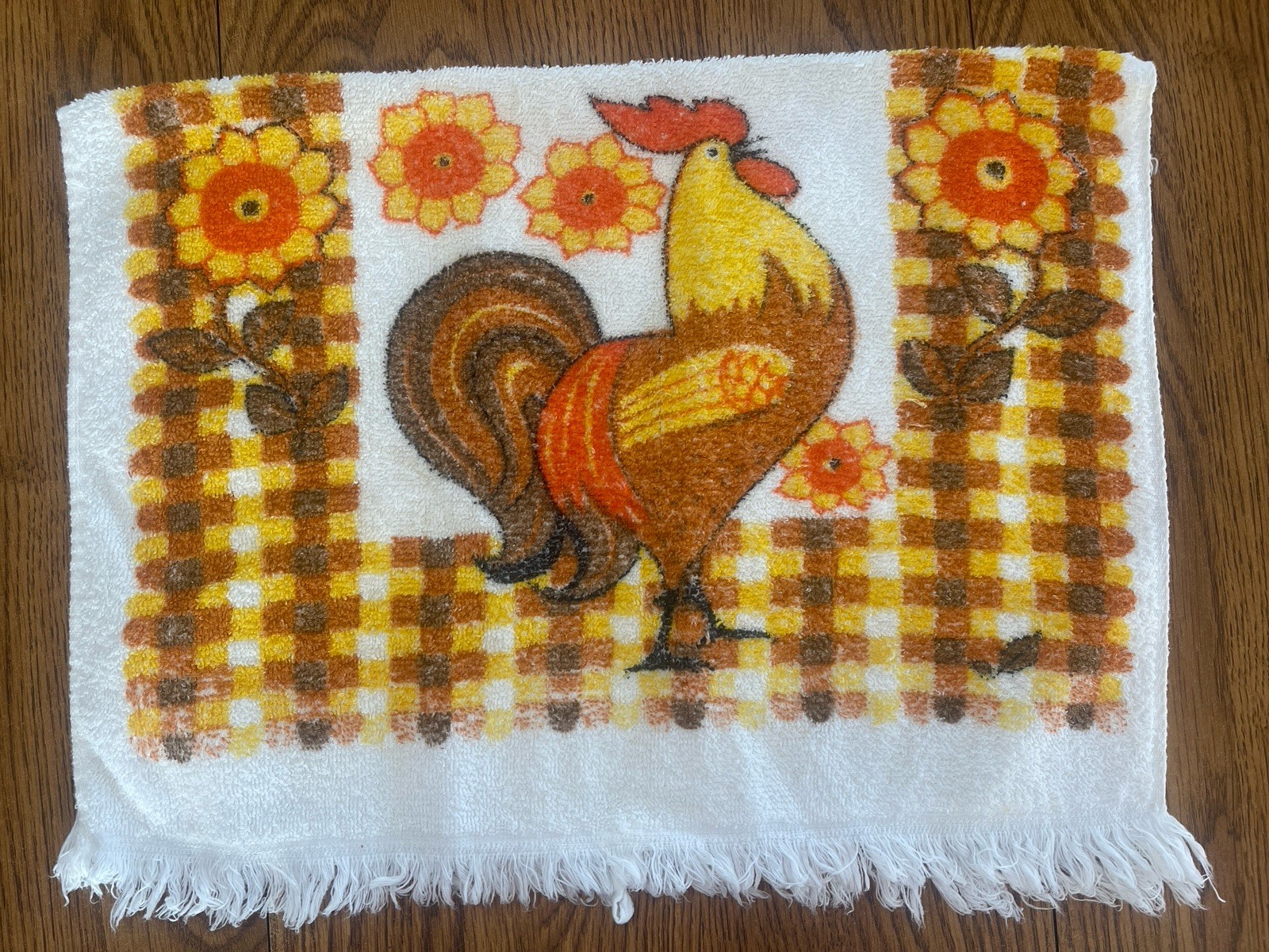 VTG Rooster Kitchen Towel Orange Yellow Brown Fringe Sunflowers Grandma Retro
