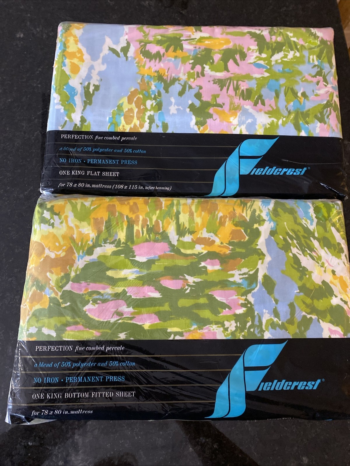 Vtg 80s 90s New King Sheet Set Flat Fitted NOS Hard to Find FLORAL FIELDCREST