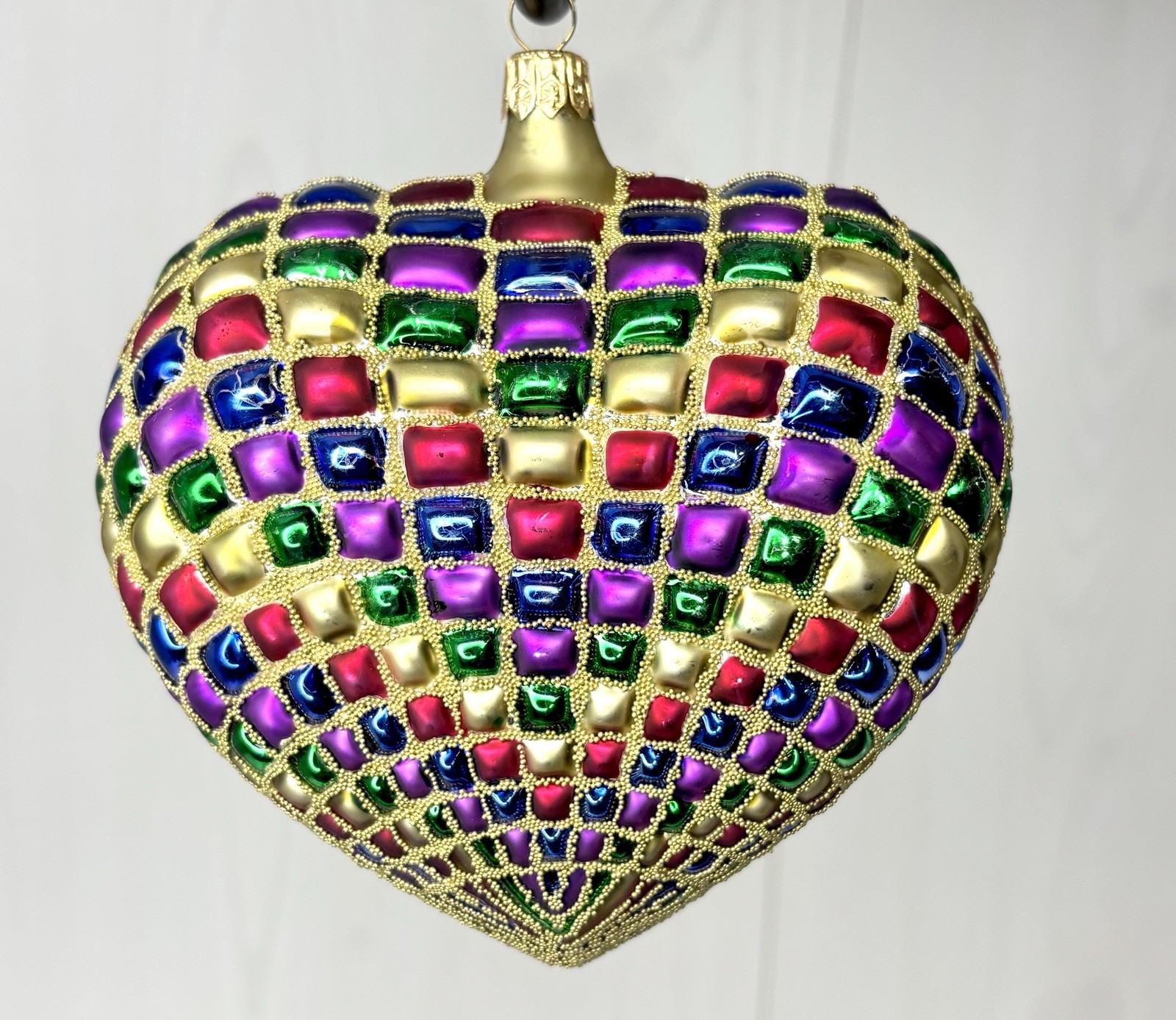 Kurt Adler Polonaise Hand Blown Glass Heart Ornament Christmas Rainbow Gold VTG