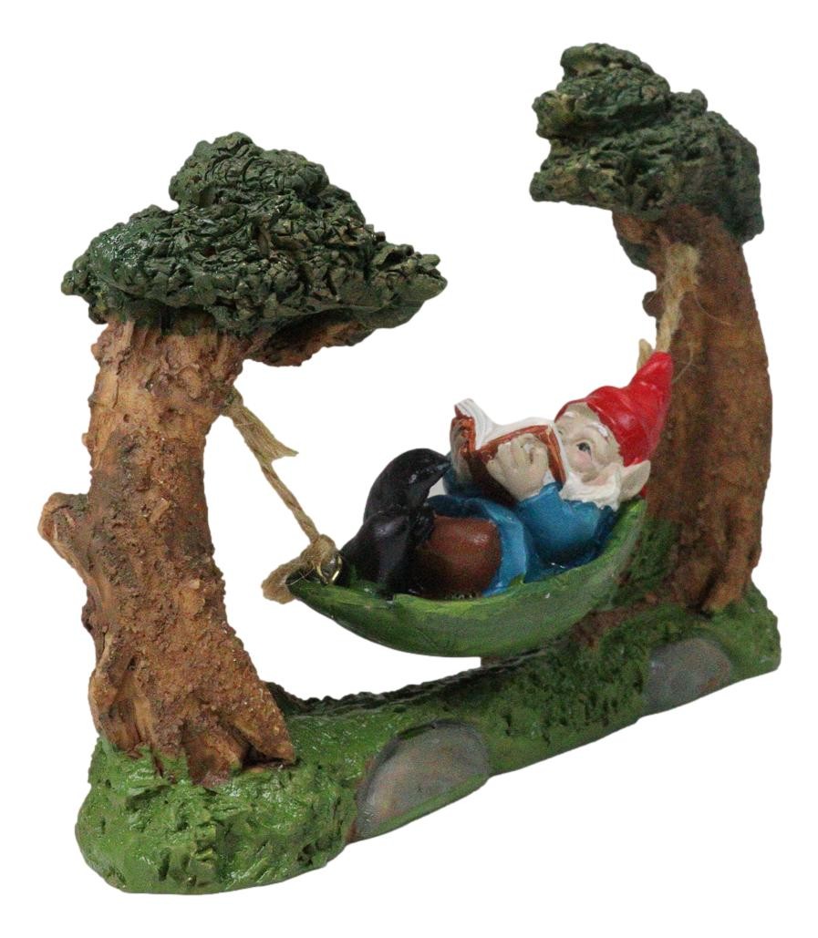 Whimsical Bookworm Gnome Sleeping On Hammock by Forest Trees Figurine Decor