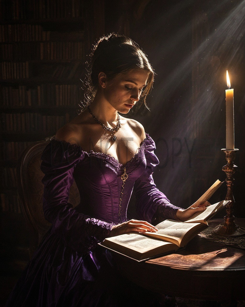Victorian Lady Candlelight Reading Purple Gown Library Fantasy Art Print