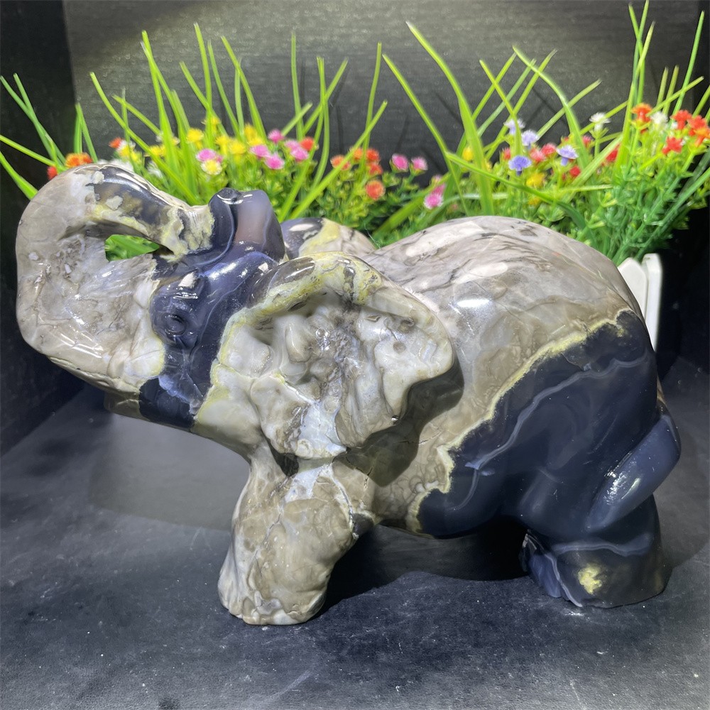 6.3LB 8.4″Natural Fluorescent Agate Elephant Carving Crystal Quartz Decor Statue