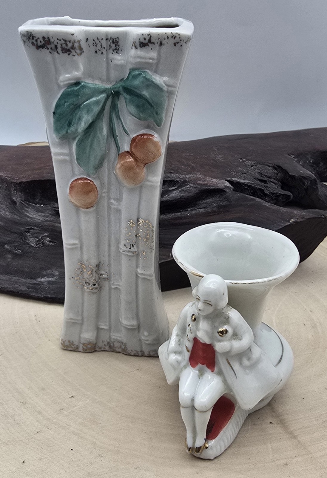 2 Vtg Japan White Ceramic mini Bud Vases / Figure / Bamboo Handpainted Berries