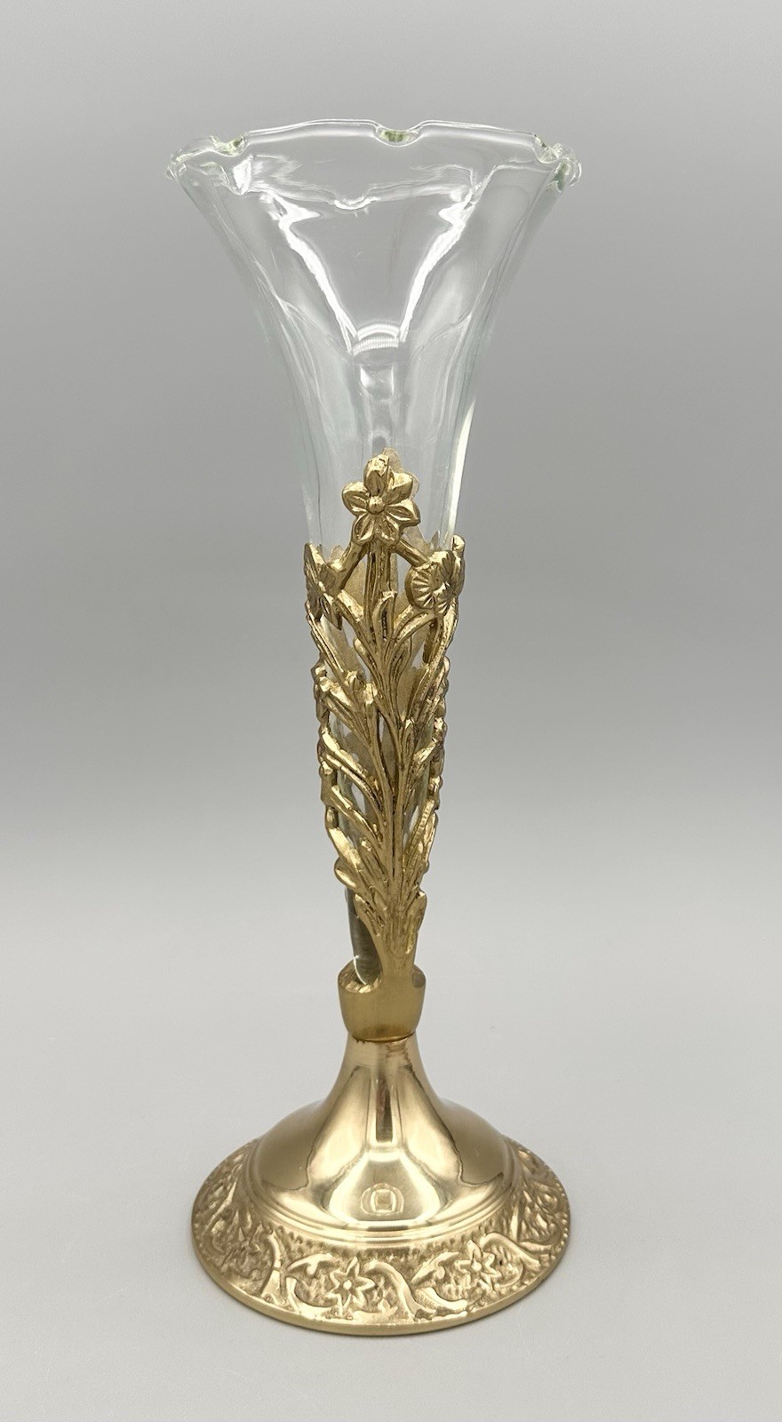 Vintage Ornate Victorian Style Brass and Fluted Trumpet Glass Vase Floral 10”