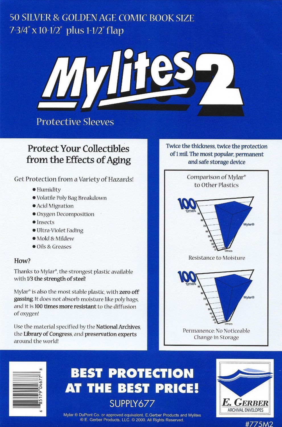 50 Mylites2 SILVER/ GOLD 2 mil Mylar Archival Comic Sleeve Bag E. Gerber 775M2